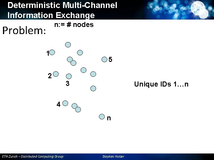 Deterministic Multi-Channel Information Exchange n: = # nodes Problem: 1 5 2 3 Unique Deterministic Multi-Channel Information Exchange n: = # nodes Problem: 1 5 2 3 Unique