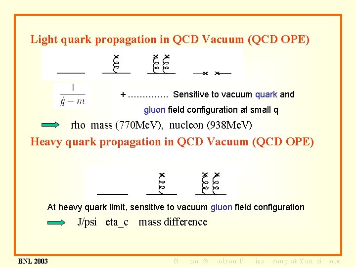 Light quark propagation in QCD Vacuum (QCD OPE) + …………. . Sensitive to vacuum