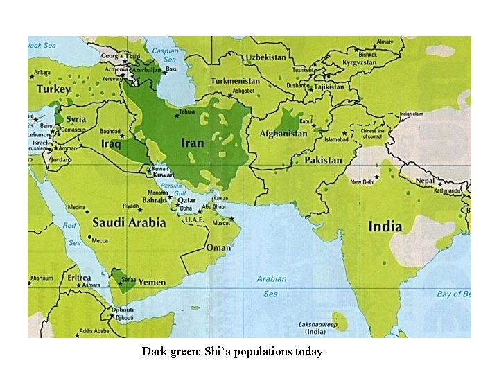 Dark green: Shi’a populations today 