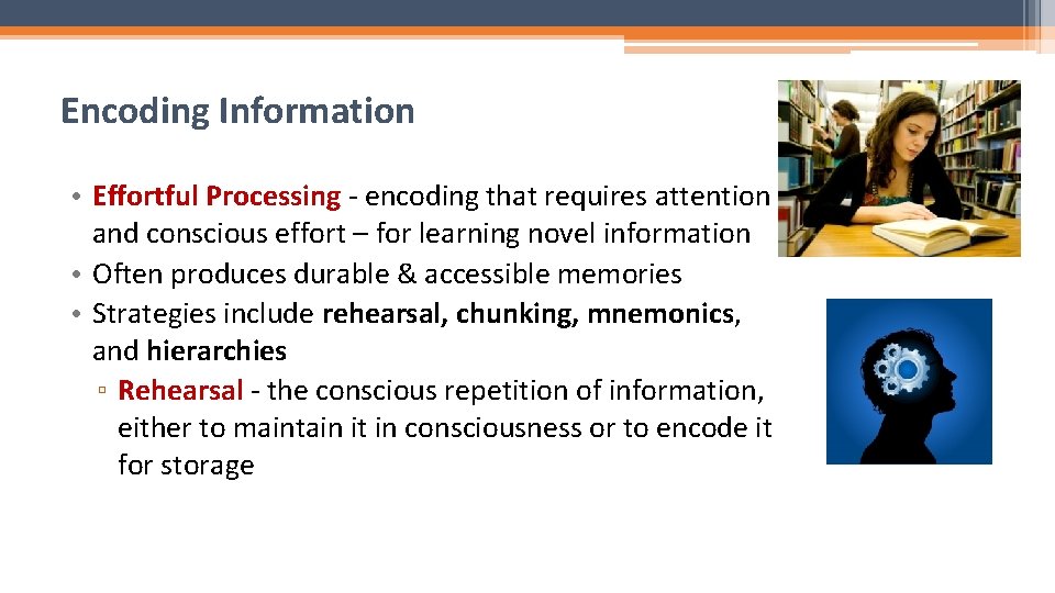 Encoding Information • Effortful Processing - encoding that requires attention and conscious effort –