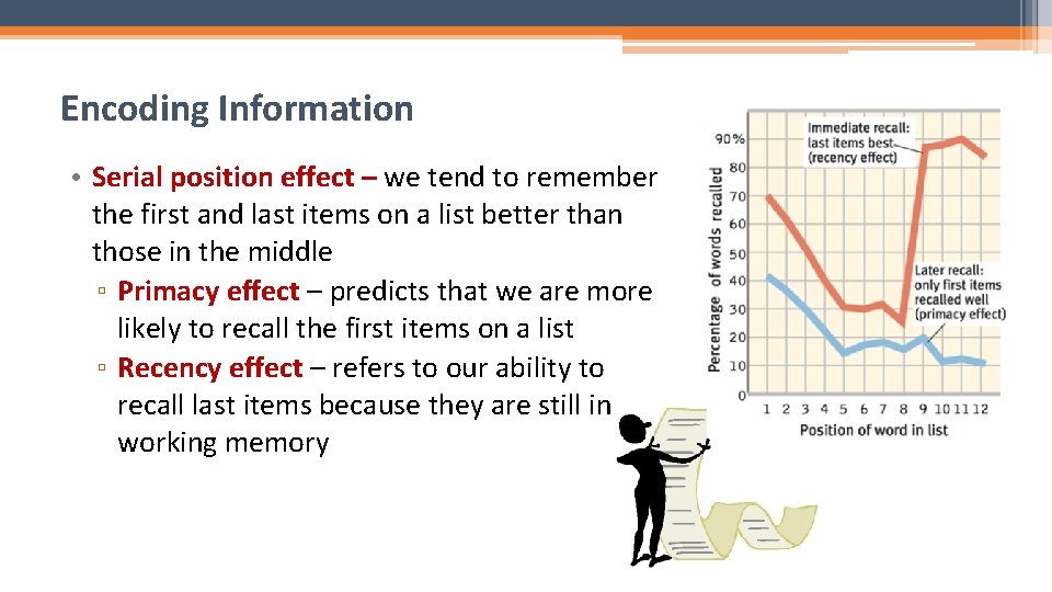 Encoding Information • Serial position effect – we tend to remember the first and