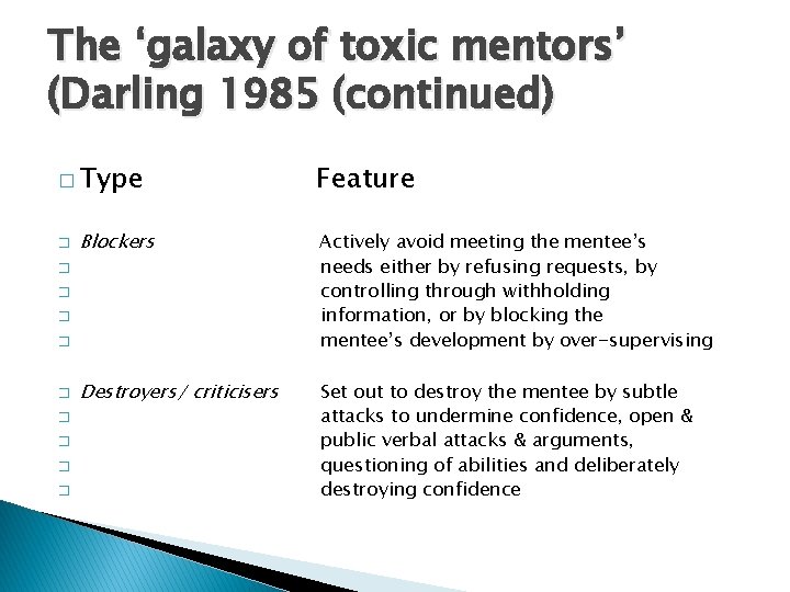 The ‘galaxy of toxic mentors’ (Darling 1985 (continued) � Type � Blockers Actively avoid