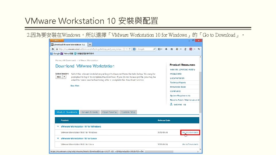 VMware Workstation 10 安裝與配置 2. 因為要安裝在Windows，所以選擇「VMware Workstation 10 for Windows」的「Go to Download」。 