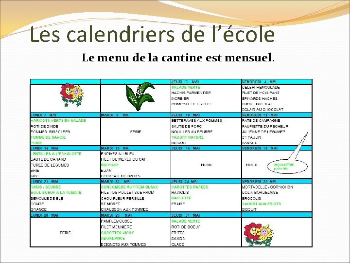 Les calendriers de l’école Le menu de la cantine est mensuel. 