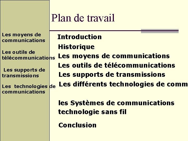 Plan de travail Les moyens de communications Les outils de télécommunications Les supports de Plan de travail Les moyens de communications Les outils de télécommunications Les supports de
