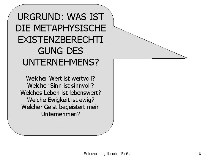 URGRUND: WAS IST DIE METAPHYSISCHE EXISTENZBERECHTI GUNG DES UNTERNEHMENS? Welcher Wert ist wertvoll? Welcher