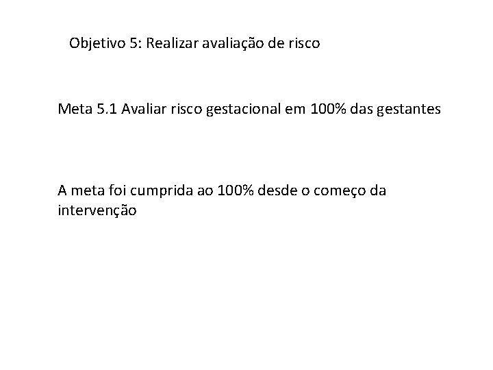 Objetivo 5: Realizar avaliação de risco Meta 5. 1 Avaliar risco gestacional em 100%