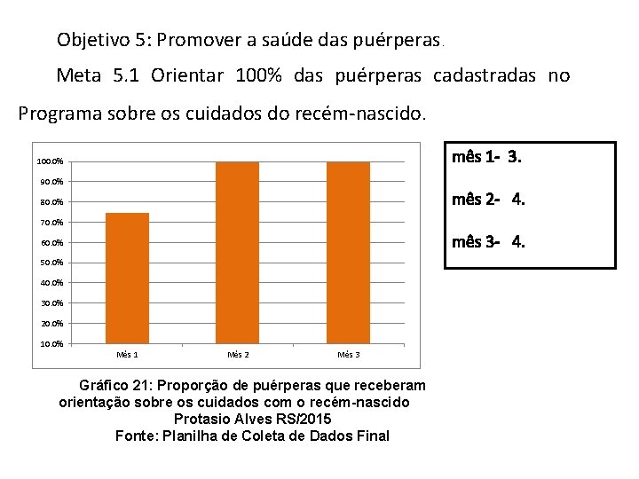 Objetivo 5: Promover a saúde das puérperas. Meta 5. 1 Orientar 100% das puérperas