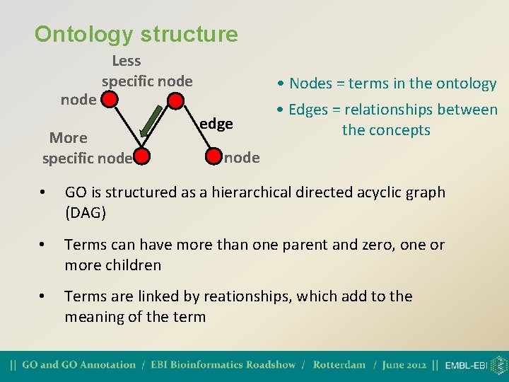 Ontology structure node Less specific node More specific node • Nodes = terms in