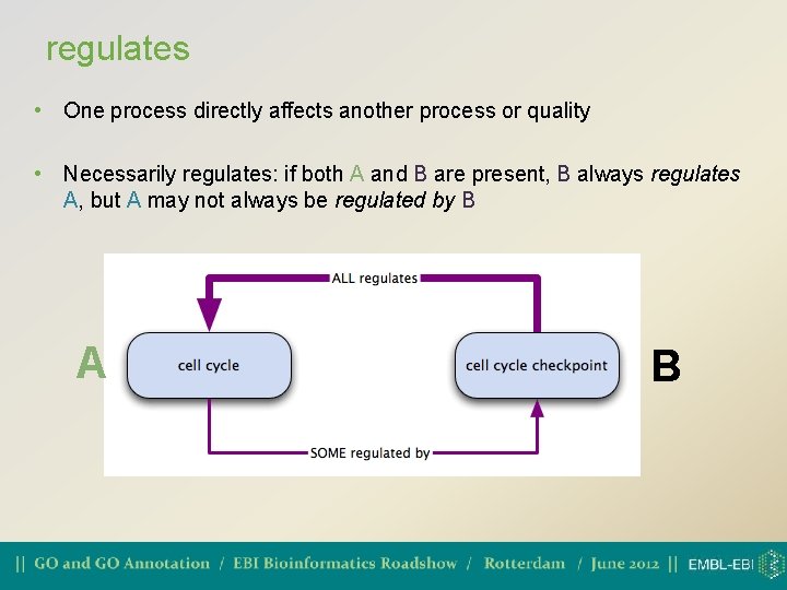 regulates • One process directly affects another process or quality • Necessarily regulates: if