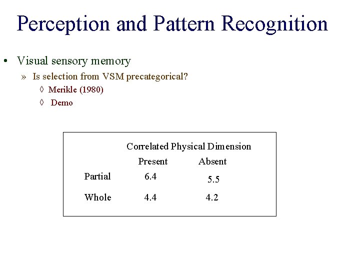 Perception and Pattern Recognition • Visual sensory memory » Is selection from VSM precategorical?