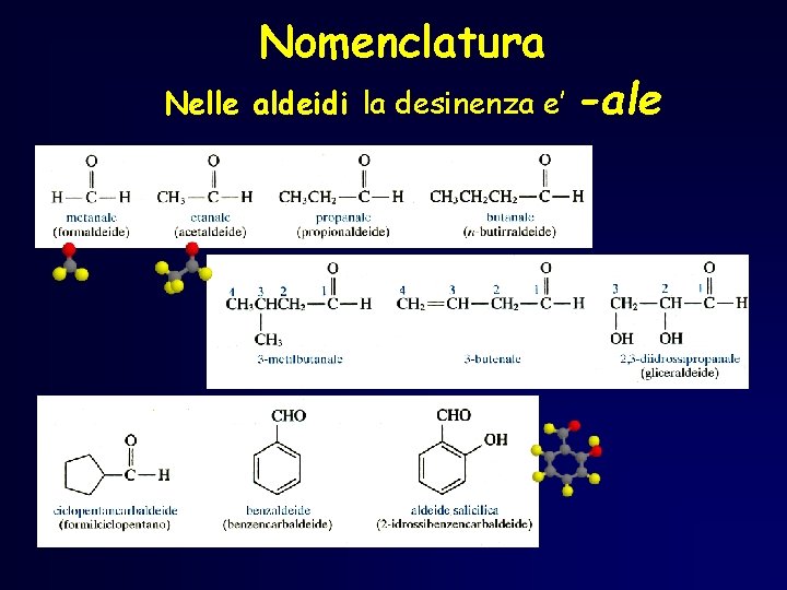 Nomenclatura Nelle aldeidi la desinenza e’ -ale Nomenclatura Nelle aldeidi la desinenza e’ -ale