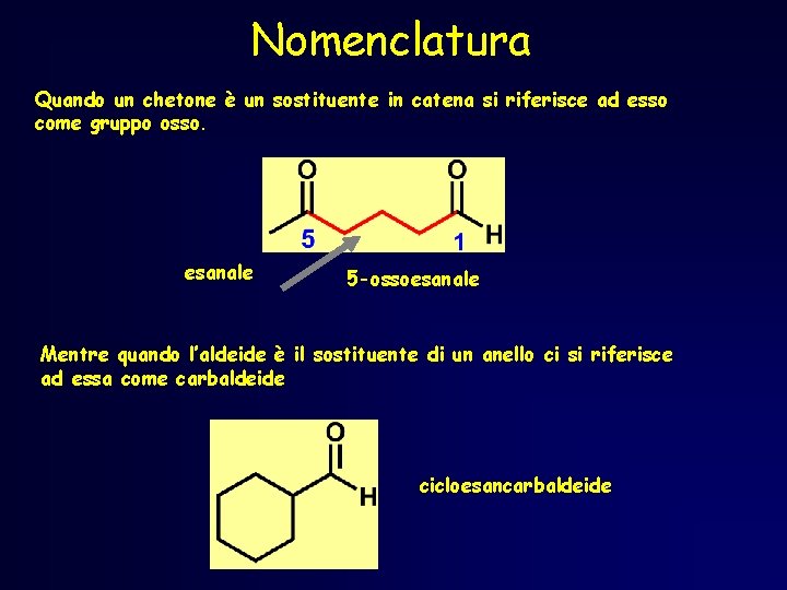 Nomenclatura Quando un chetone è un sostituente in catena si riferisce ad esso come Nomenclatura Quando un chetone è un sostituente in catena si riferisce ad esso come