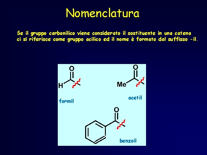 Nomenclatura Se il gruppo carbonilico viene considerato il sostituente in una catena ci si Nomenclatura Se il gruppo carbonilico viene considerato il sostituente in una catena ci si
