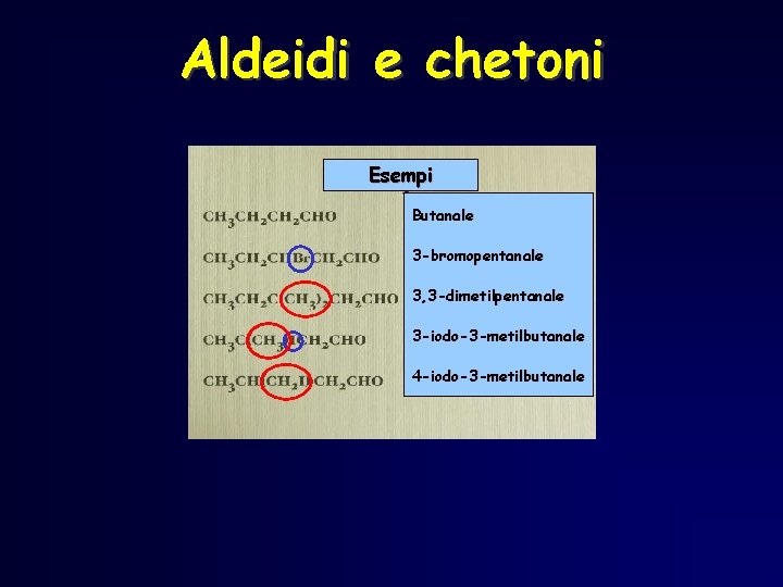 Aldeidi e chetoni Esempi Butanale 3 -bromopentanale 3, 3 -dimetilpentanale 3 -iodo-3 -metilbutanale 4 Aldeidi e chetoni Esempi Butanale 3 -bromopentanale 3, 3 -dimetilpentanale 3 -iodo-3 -metilbutanale 4