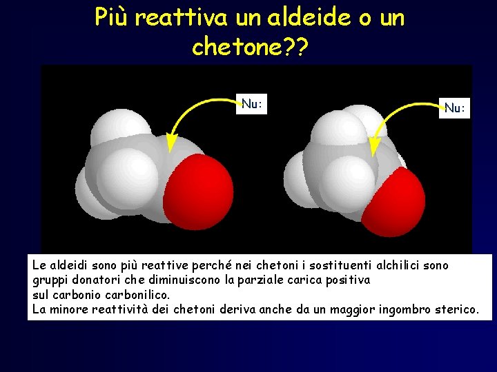 Più reattiva un aldeide o un chetone? ? Nu: Le aldeidi sono più reattive Più reattiva un aldeide o un chetone? ? Nu: Le aldeidi sono più reattive