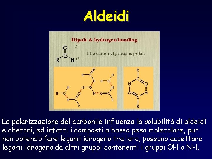 Aldeidi La polarizzazione del carbonile influenza la solubilità di aldeidi e chetoni, ed infatti Aldeidi La polarizzazione del carbonile influenza la solubilità di aldeidi e chetoni, ed infatti