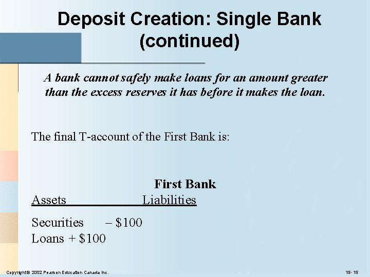 Deposit Creation: Single Bank (continued) A bank cannot safely make loans for an amount Deposit Creation: Single Bank (continued) A bank cannot safely make loans for an amount