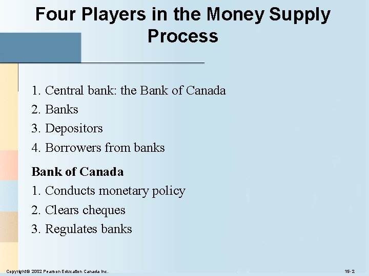 Four Players in the Money Supply Process 1. Central bank: the Bank of Canada Four Players in the Money Supply Process 1. Central bank: the Bank of Canada
