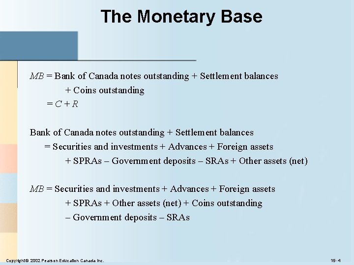 The Monetary Base MB = Bank of Canada notes outstanding + Settlement balances + The Monetary Base MB = Bank of Canada notes outstanding + Settlement balances +