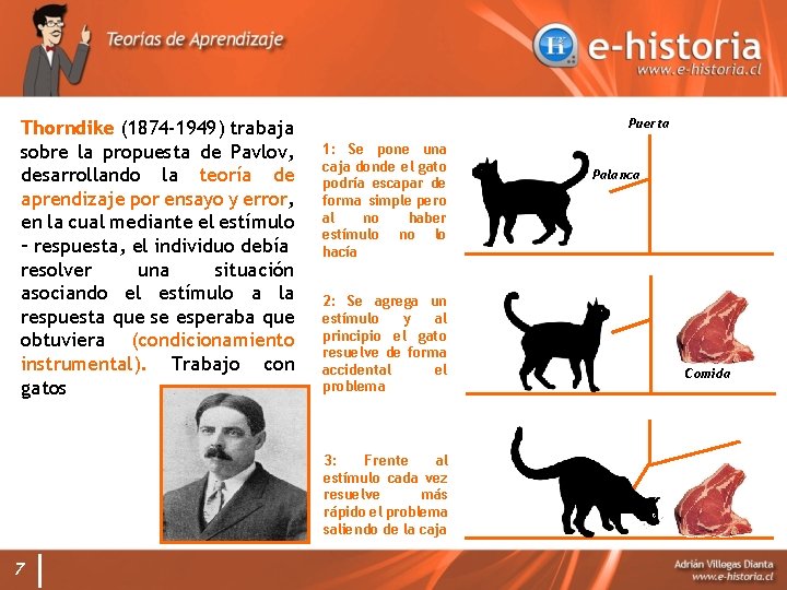 Thorndike (1874 -1949) trabaja sobre la propuesta de Pavlov, desarrollando la teoría de aprendizaje