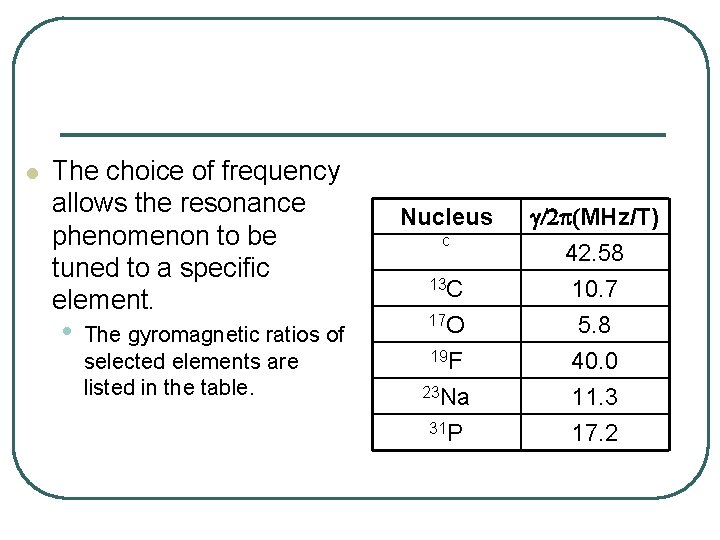 l The choice of frequency allows the resonance phenomenon to be tuned to a