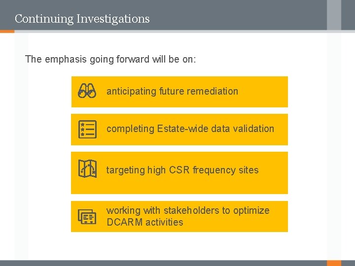 Continuing Investigations The emphasis going forward will be on: anticipating future remediation completing Estate-wide