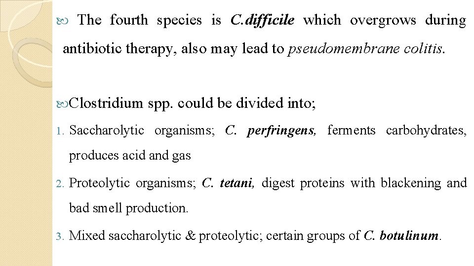  The fourth species is C. difficile which overgrows during antibiotic therapy, also may