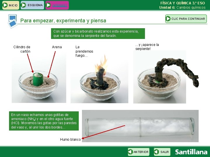 INICIO ESQUEMA FÍSICA Y QUÍMICA 3. º ESO Unidad 6: Cambios químicos INTERNET CLIC