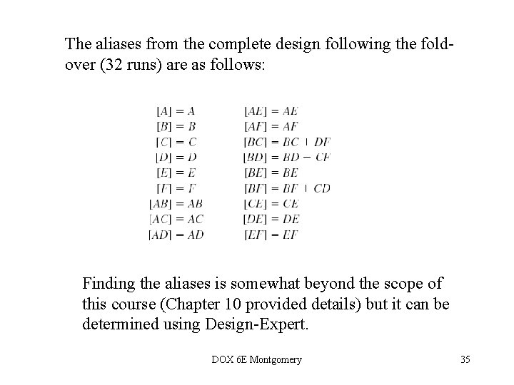 The aliases from the complete design following the foldover (32 runs) are as follows: