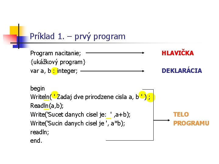 Príklad 1. – prvý program Program nacitanie; {ukážkový program} var a, b : integer; Príklad 1. – prvý program Program nacitanie; {ukážkový program} var a, b : integer;