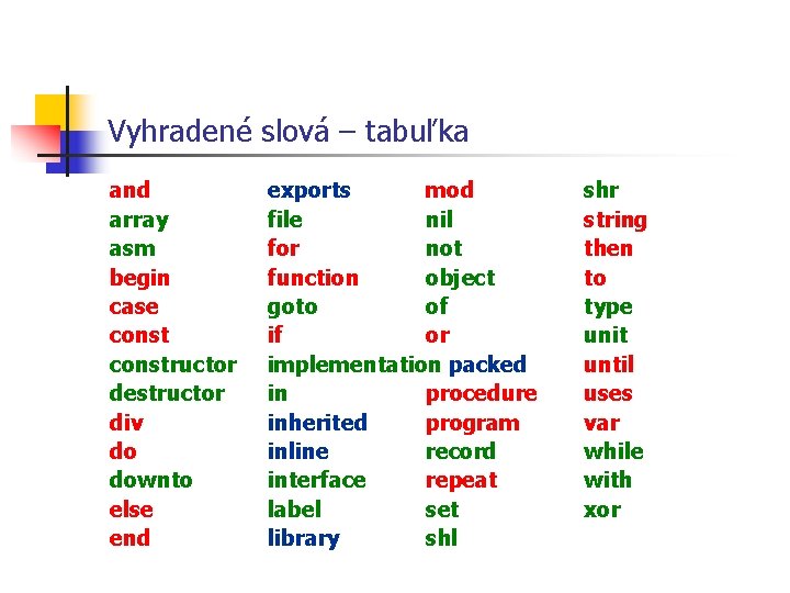 Vyhradené slová – tabuľka and array asm begin case constructor destructor div do downto Vyhradené slová – tabuľka and array asm begin case constructor destructor div do downto