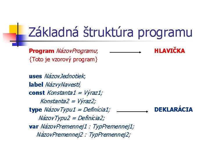 Základná štruktúra programu Program Názov. Programu; {Toto je vzorový program} HLAVIČKA uses Názov. Jednotiek; Základná štruktúra programu Program Názov. Programu; {Toto je vzorový program} HLAVIČKA uses Názov. Jednotiek;