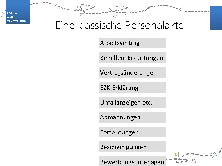 FORUM AGILE VERWALTUNG Eine klassische Personalakte Arbeitsvertrag Beihilfen, Erstattungen Vertragsänderungen EZK-Erklärung Unfallanzeigen etc. Abmahnungen