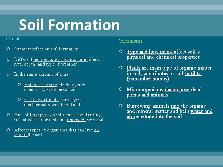 Soil Formation Climate Organisms Greatest effect on soil formation Type and how many affect