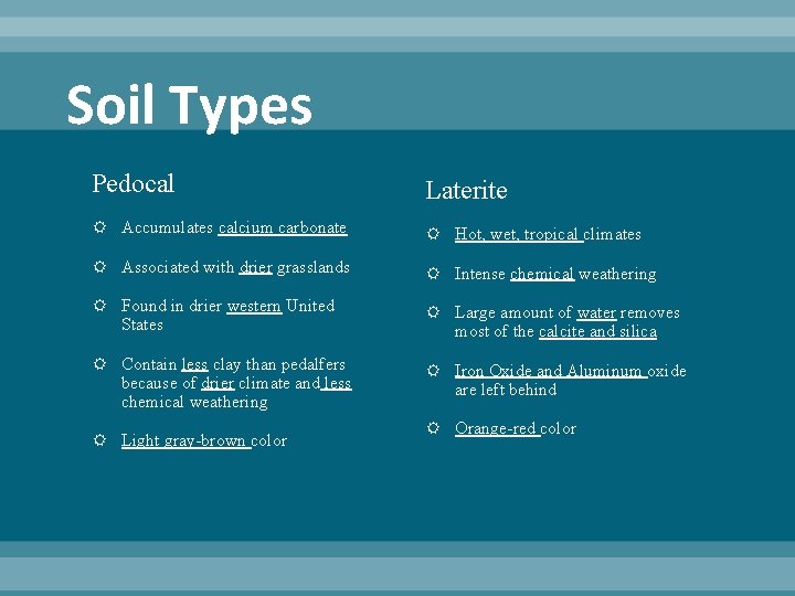 Soil Types Pedocal Laterite Accumulates calcium carbonate Hot, wet, tropical climates Associated with drier Soil Types Pedocal Laterite Accumulates calcium carbonate Hot, wet, tropical climates Associated with drier