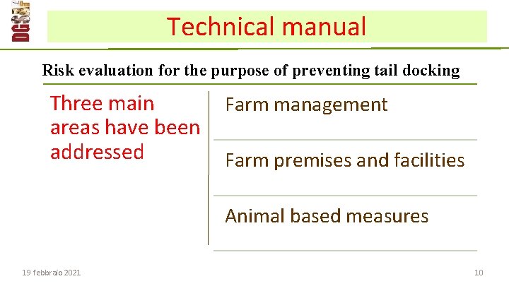 Technical manual Risk evaluation for the purpose of preventing tail docking Three main Farm