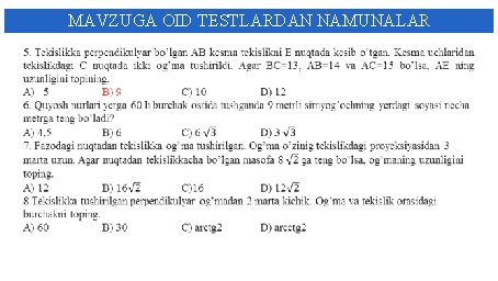 MAVZUGA OID TESTLARDAN NAMUNALAR MAVZUGA OID TESTLARDAN NAMUNALAR