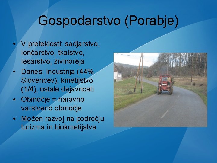 Gospodarstvo (Porabje) • V preteklosti: sadjarstvo, lončarstvo, tkalstvo, lesarstvo, živinoreja • Danes: industrija (44% Gospodarstvo (Porabje) • V preteklosti: sadjarstvo, lončarstvo, tkalstvo, lesarstvo, živinoreja • Danes: industrija (44%