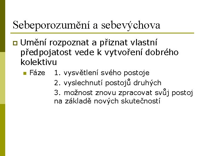 Sebeporozumění a sebevýchova p Umění rozpoznat a přiznat vlastní předpojatost vede k vytvoření dobrého