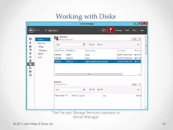 Working with Disks The File and Storage Services submenu in Server Manager © 2013