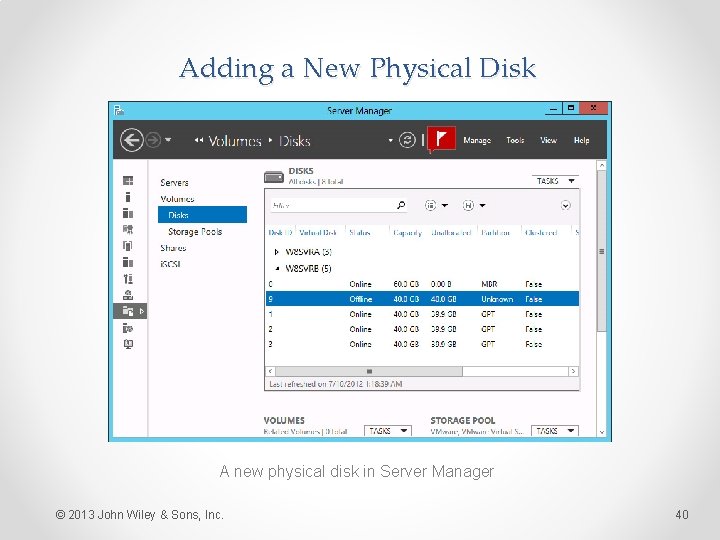 Adding a New Physical Disk A new physical disk in Server Manager © 2013