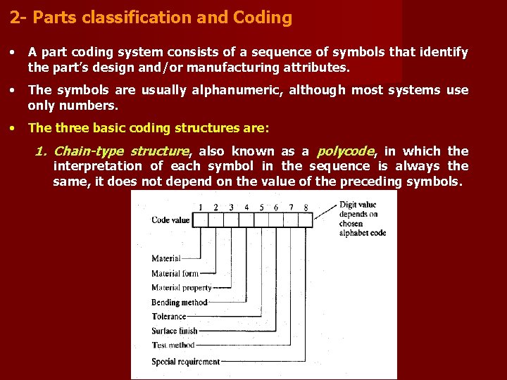 2 - Parts classification and Coding • A part coding system consists of a
