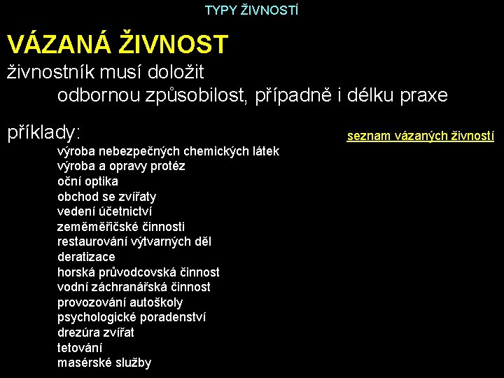TYPY ŽIVNOSTÍ VÁZANÁ ŽIVNOST živnostník musí doložit odbornou způsobilost, případně i délku praxe příklady: