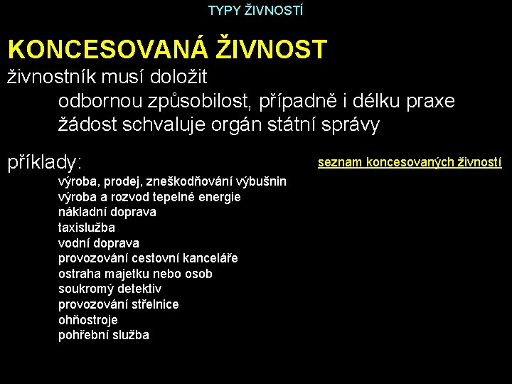 TYPY ŽIVNOSTÍ KONCESOVANÁ ŽIVNOST živnostník musí doložit odbornou způsobilost, případně i délku praxe žádost