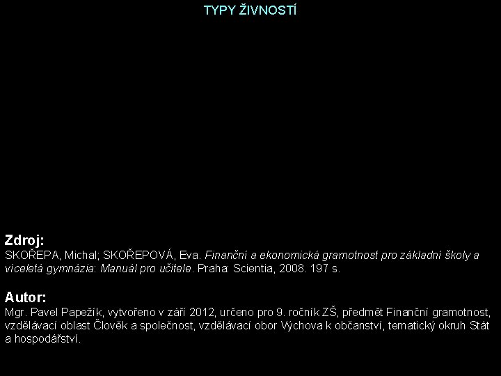 TYPY ŽIVNOSTÍ Zdroj: SKOŘEPA, Michal; SKOŘEPOVÁ, Eva. Finanční a ekonomická gramotnost pro základní školy