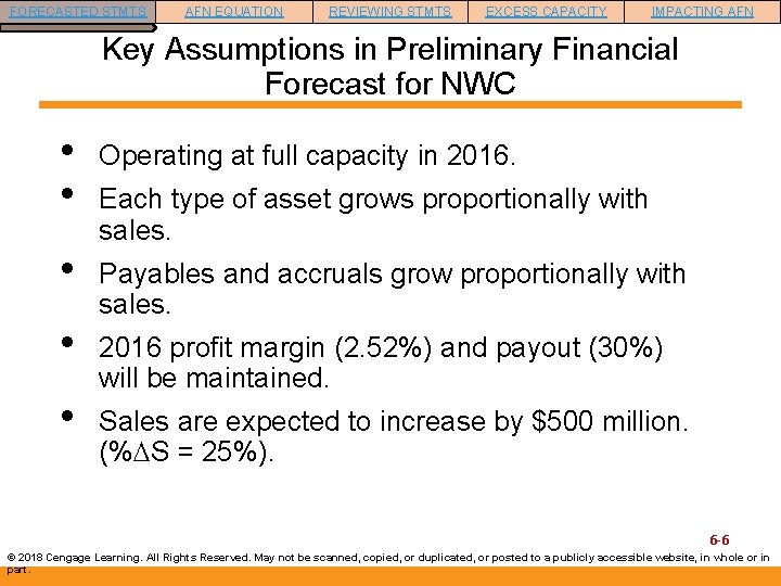 FORECASTED STMTS AFN EQUATION REVIEWING STMTS EXCESS CAPACITY IMPACTING AFN Key Assumptions in Preliminary