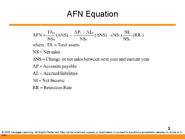 AFN Equation 9 © 2018 Cengage Learning. All Rights Reserved. May not be scanned,