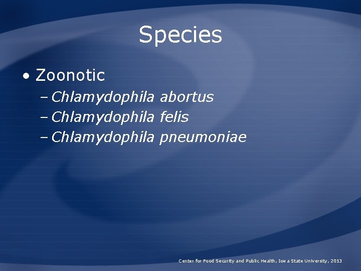 Species • Zoonotic – Chlamydophila abortus – Chlamydophila felis – Chlamydophila pneumoniae Center for