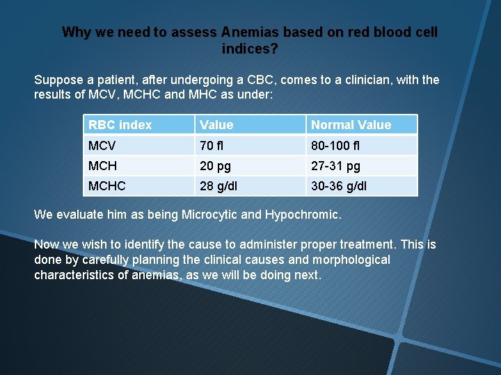 Why we need to assess Anemias based on red blood cell indices? Suppose a